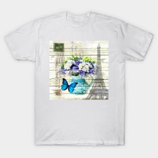 shabby chic blue butterfly flowers vintage paris eiffel tower T-Shirt